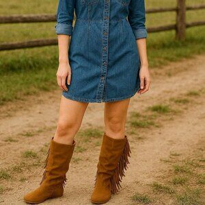 Tan Faux Suede Fringed Calf Length Boots size 7.5